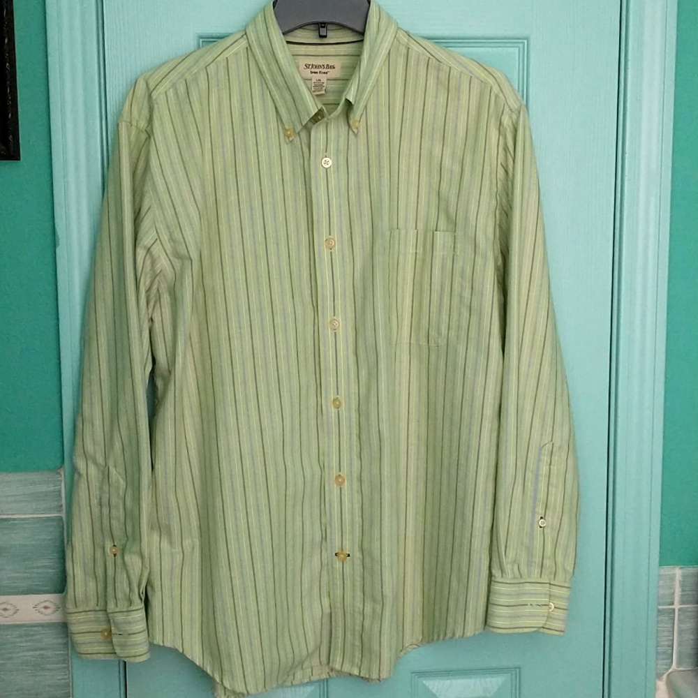 EUC St. John's Bay long sleeve button down shirt, Sz L, green stripe
